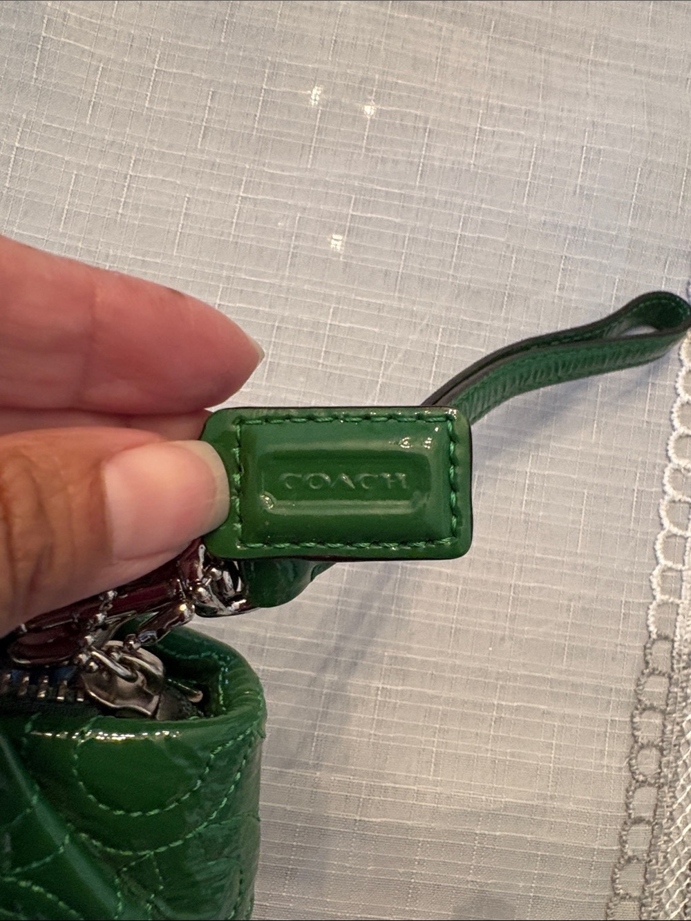 Coach Quilted Patent Leather Green Wristlet with Strap - Picture 7 of 7